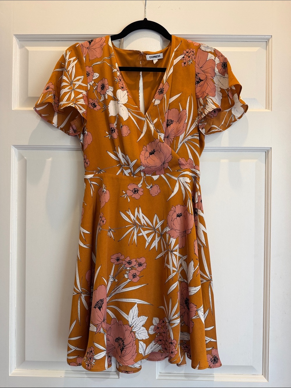 Express Mustard Floral Wrap-Style Dress with Pink & White Blooms